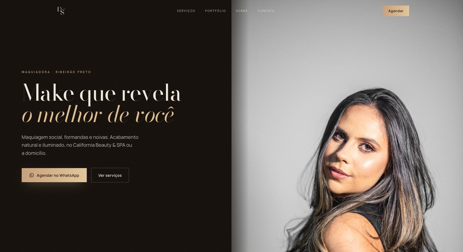Página inicial do site da maquiadora Duda Silva, com o título Make que revela o melhor de você e um retrato dela.